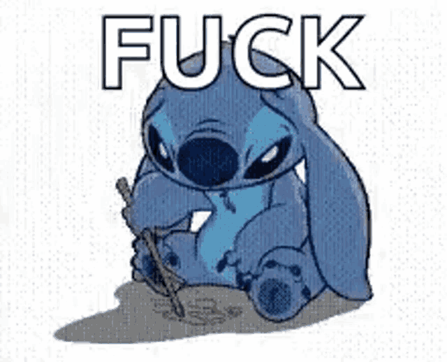 a cartoon of stitch holding a stick with the words `` fuck '' written on it .