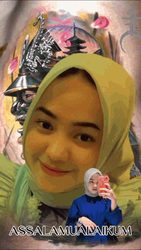 a woman taking a picture of herself with the words assalamualaikum below her
