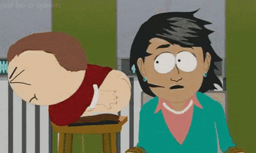 a cartoon character from south park is sitting on a stool and looking at another character 's butt .
