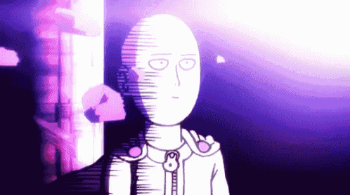 a cartoon character with a purple background is standing in front of a building and looking at the camera .