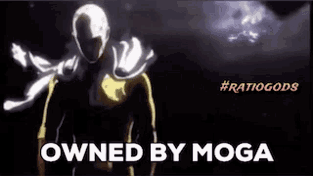 a man in a superhero costume is standing in the dark with the words `` owned by moga '' above him .