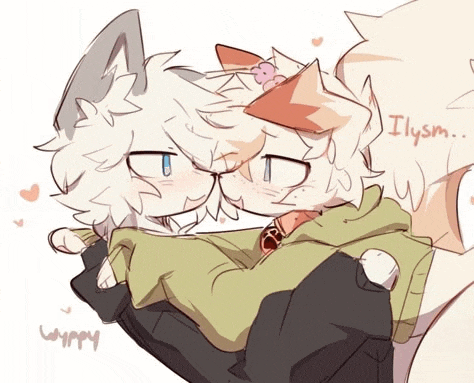 a drawing of two furry characters kissing with the word ilysm written below them
