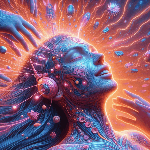 a colorful painting of a woman with headphones on her face
