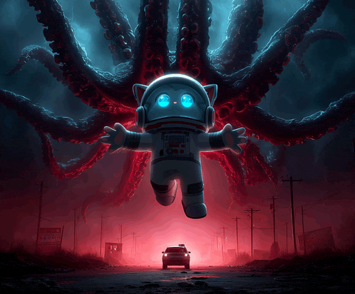 a cartoon illustration of an astronaut being attacked by a monster