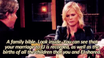 a man and a woman are sitting at a table with a caption that says " a family bible "