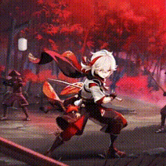 a cartoon character is holding a sword in front of a crowd of people in a forest .
