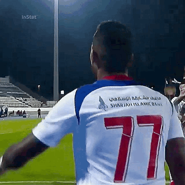 the number 77 is on the back of a soccer jersey