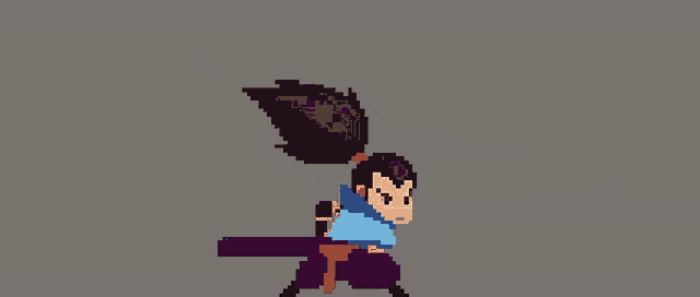 a pixel art of a person with a blue sword