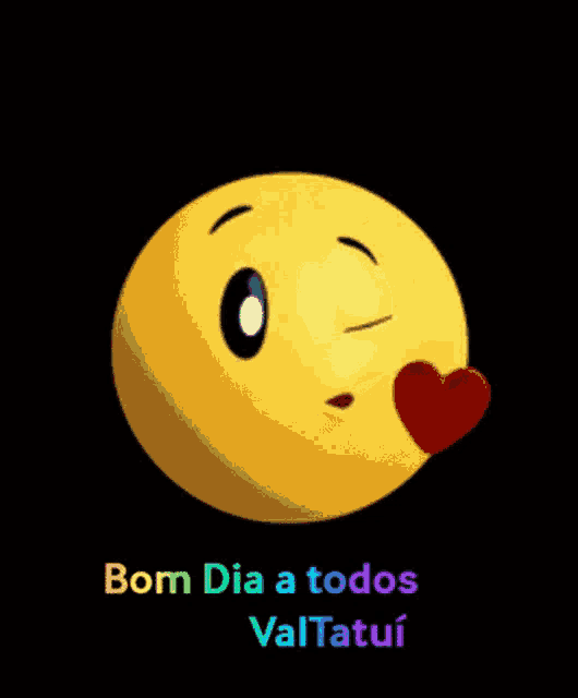 a yellow smiley face with a red heart in its mouth and the words bom dia a todos valtatui on the bottom