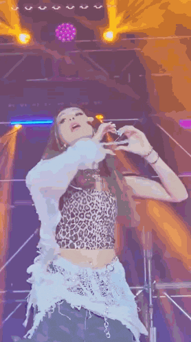a woman in a leopard print crop top is dancing on a stage .