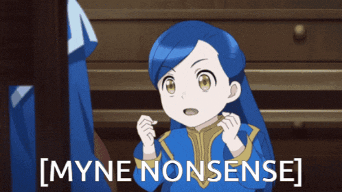 a picture of a girl with blue hair and the words myne nonsense behind her