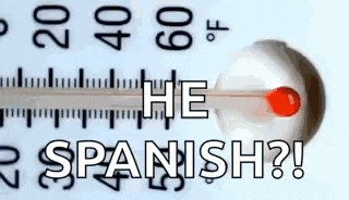 a close up of a thermometer with the words `` he is spanish '' written on it .