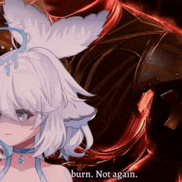a picture of a girl with white hair and a choker says burn not again