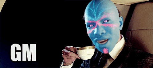 a man with a blue face is holding a cup of coffee and the word gm is on the bottom right