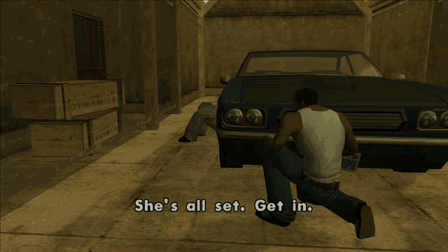 a video game scene with the words she 's all set get in on the bottom