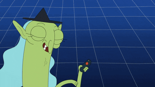 a cartoon of a witch holding a remote control next to a sleeping goblin