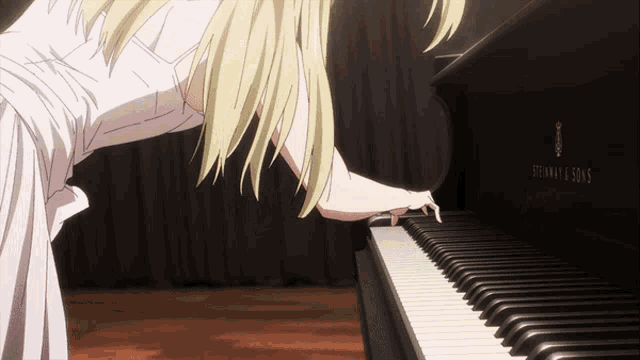 a girl in a white dress is playing a piano made by steinway & sons