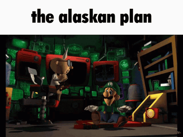 a cartoon scene with the words the alaskan plan on the top