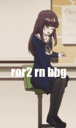 a girl in a school uniform is sitting on a chair with the words ror2 rn bg on the bottom