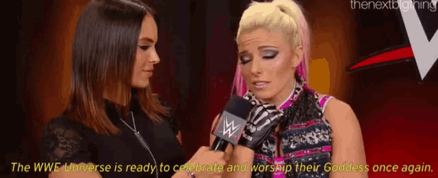 a woman is talking into a microphone while another woman watches .