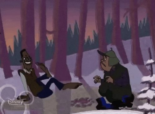 two cartoon characters are talking in the woods with a disney logo on the bottom right