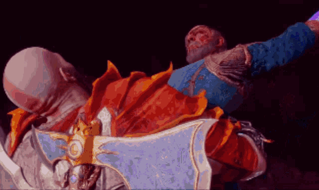 a man is holding another man in his arms in a dark room .