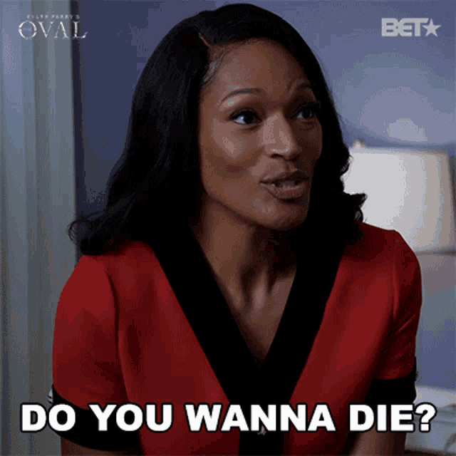 a woman says do you wanna die in a red dress