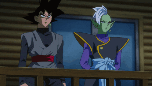 a couple of cartoon characters standing next to each other one of which has a purple aura