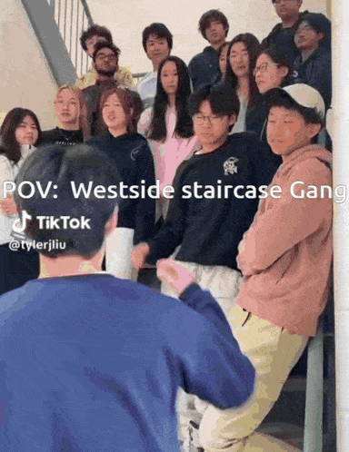 a group of people standing on a set of stairs with the caption pov westside staircase gang tiktok
