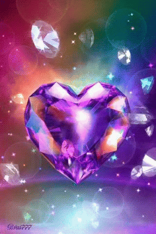 a purple heart surrounded by diamonds and stars on a colorful background .