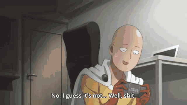 a bald man is holding a game boy and says no i guess it 's not well shit