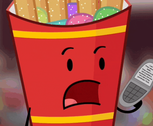 a cartoon character is holding a remote control in front of a bucket of easter eggs