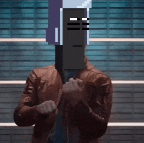 a man in a brown jacket and tie has a pixelated face on his face