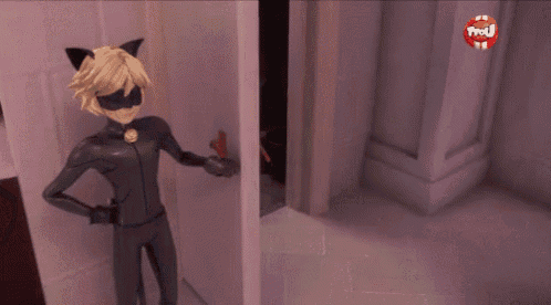 a cat noir cartoon character is standing next to a man in a costume