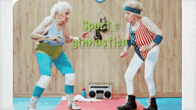 two elderly women are dancing in a gym and the words sporte ginnastica are on the bottom