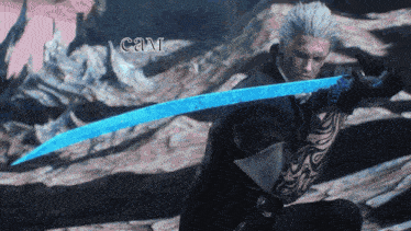 a video game character holding a blue sword with cam written on the bottom