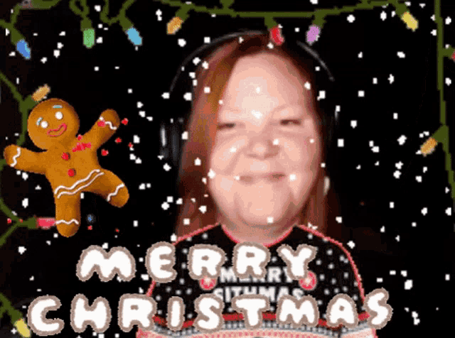 a woman wearing headphones with a gingerbread man behind her and the words merry christmas