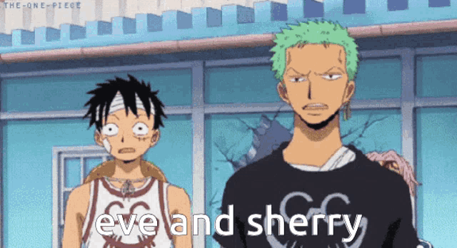 two anime characters are standing next to each other with the words eve and sherry written on the bottom