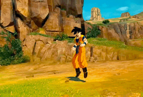 a cartoon character named goku is running through a field