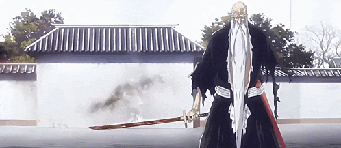 a man with a long beard is holding a large sword