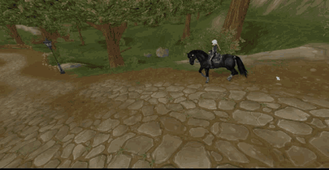 a skeleton is riding a black horse on a stone path