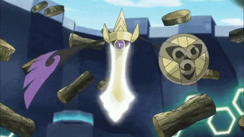 a sword with a purple stone in the middle is surrounded by logs and coins .