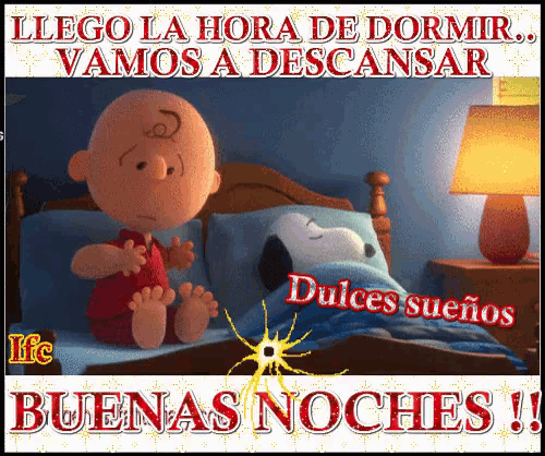 a picture of charlie brown and snoopy in a bed with the words buenas noches in the bottom right corner