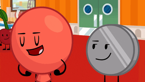 a red balloon and a silver coin are standing next to each other and smiling