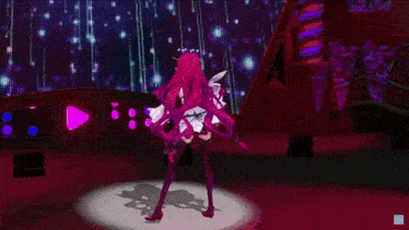 a woman with long pink hair is standing on a stage