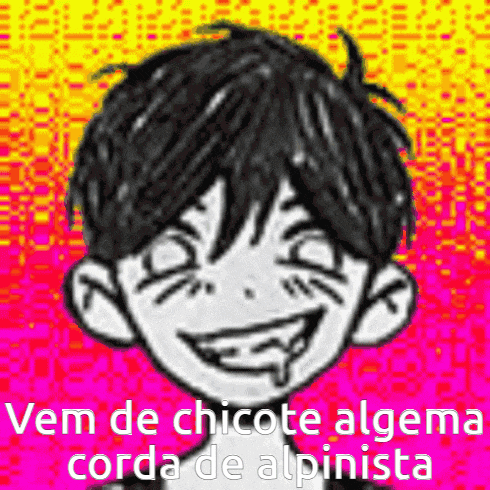 a black and white drawing of a boy with a smiley face and the words vem de chicote alguma corda de alpinista .