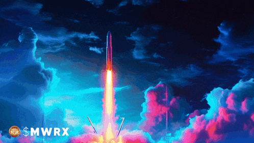 a rocket is flying through a cloudy sky with the words $ mwrx on the bottom right