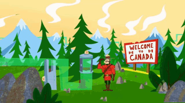 a cartoon of a man saluting in front of a welcome to canada sign