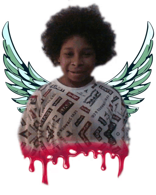 a boy wearing a levi 's shirt with green wings