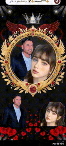 a man and a woman are in a gold frame with a crown on it